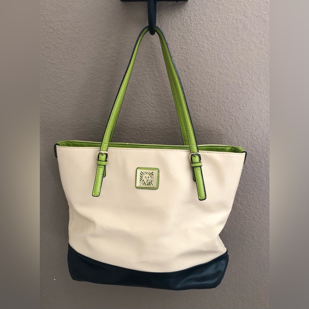 ANNE KLEIN (Vintage) - Cream and Black Tote with Lime Accents